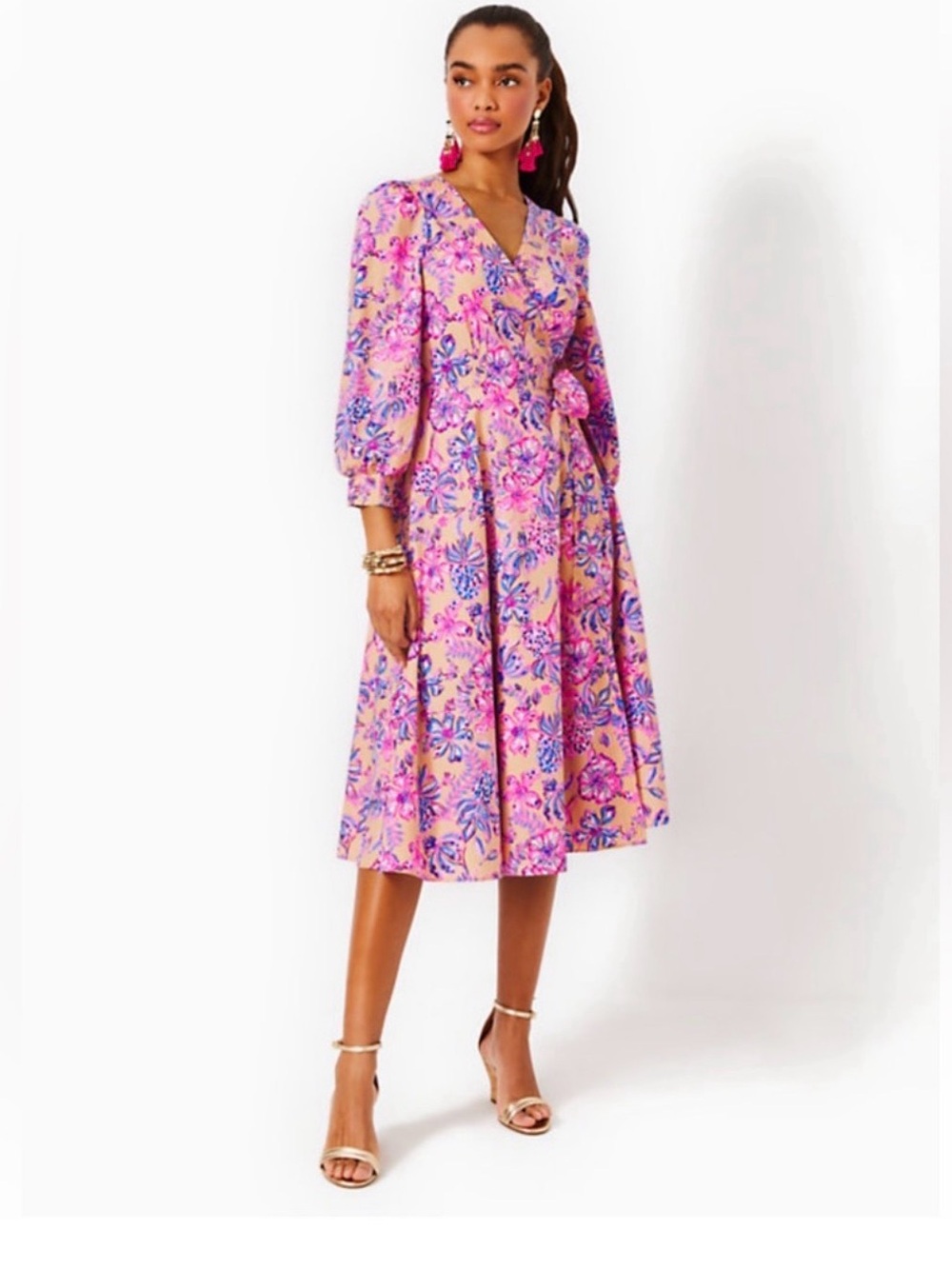 Lilly Pulitzer Peach Midi Wrap Dress with Pink & Blue Floral Print